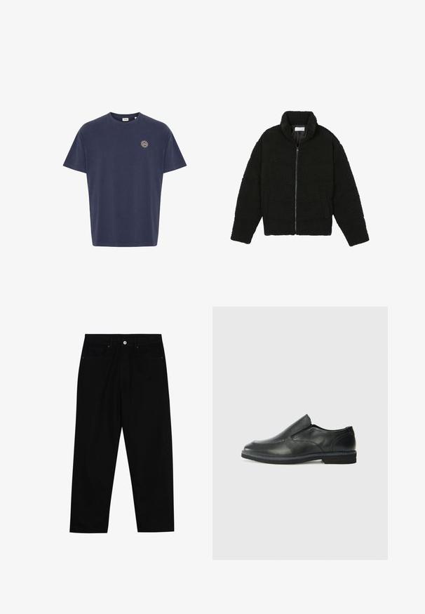 Musta tekokarvalehtijakku korkean kauluksen, vetoketjun, joustavat hihansuut ja tilkkutäkkikuvion. Sisältää sivutaskut ja pehmeän pinnan.; Laivastonsininen puuvillapaita, lyhyet hihat, pyöreä kaula-aukko, jossa on pieni kultainen auringon symboli vasemmassa rinnassa. Klassinen suora leikkaus.; Mustat farkut suoraan lahkeella, viisi taskua ja etunappikiinnitys. Sileä rakenne, jossa on vain vähäisiä ompelualueita.; Musta nahkainen liukujalkine, jossa on sileä pinta, ommeltuja yksityiskohtia, pyöristetty kärki ja matala kumipohja. Pohjassa on minimaalinen pito.