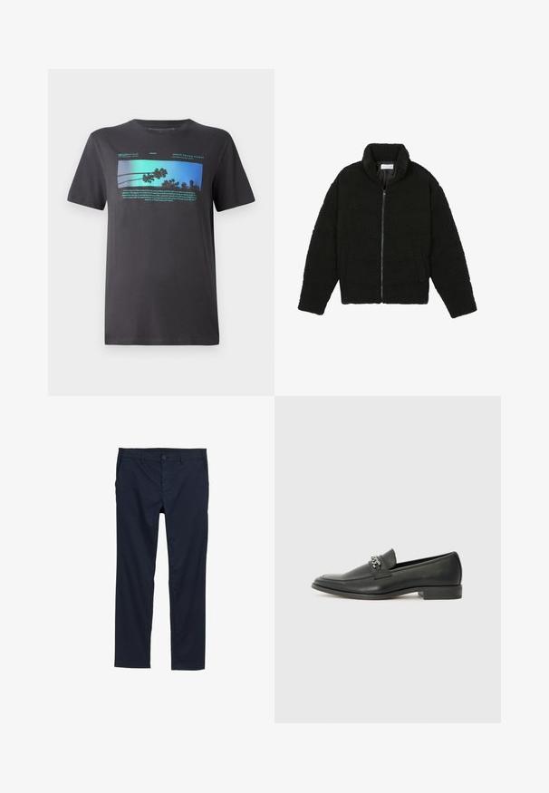 Sort faux fur jakke med høj krave, lynlås lukning, elastiske ærmer og et quiltet design. Har sidelommer og en blød tekstur.; Herres sort T-shirt lavet af blød bomuld. Har et levende blåt grafik med palmer og tekst, rund halsudskæring og korte ærmer.; Navyblå letvægtsbukser med en glat overflade, lige ben design, knaplukning og sidelommer.; Sorte læder loafers med en glat finish, der har et syet design og et dekorativt metal kædeaccent hen over vamps. Flad hæl.