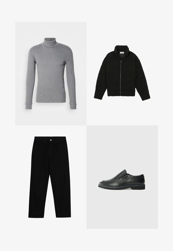 Casaco de pelo sintético preto com gola alta, fecho de zip, punhos elásticos e um design acolchoado. Apresenta bolsos laterais e uma textura suave.; Pulôver cinza de gola alta feito com um tecido macio e elástico. Mangas compridas, silhueta ajustada e um decote canelado com punhos.; Calças de ganga pretas com corte straight-leg, design de cinco bolsos e fecho frontal por botão. Tecido suave com detalhes de costura mínimos.; Sapato slip-on preto em pele com um upper liso, acabamentos cosidos, bico arredondado e um salto de borracha baixo. A sola apresenta um padrão de aderência mínimo.