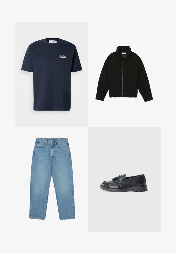 Melnā mākslīgā kažokādas jaka ar augstu apkakli, ar rāvējslēdzēju, elastīgām piedurknēm un kvadrātveida šuvēm. Iespējotas sānu kabatas un mīksta tekstūra.; Tumši zils kokvilnas T-krekls ar īsām piedurknēm, apaļu kaklu, kuram uz kreisā krūts laukuma ir balta izšūta teksts "Negroni per favore".; Gaiši zili denim auduma platgala bikses ar augstu jostasvietu, ar piecām kabatām, jostu cilpām un mīkstu, nedaudz nodilušu tekstūru.; Melnas ādas loafers ar noapaļotu pirkstu, siksnu ar pompiņām un masīvu zoli ar protektora rakstu. Gluda tekstūra un klasiskā dizaina.