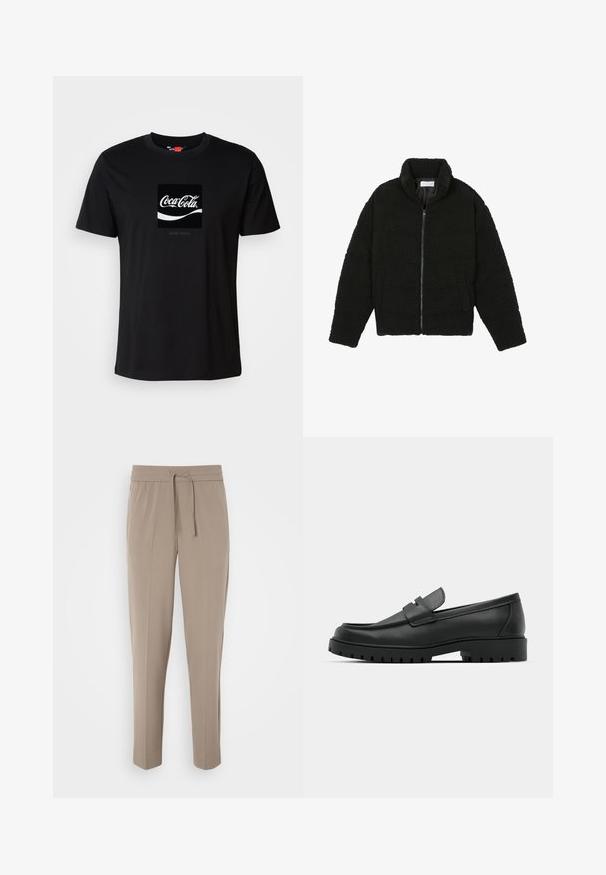 Jachetă din blană sintetică neagră, cu guler înalt, închidere cu fermoar, manșete elastice și un design matlasat. Dispune de buzunare laterale și o textură moale.; Tricou negru din bumbac, cu mâneci scurte și decolteu rotund, având un grafic cu logo-ul Coca-Cola în alb și un accent rectangular.; Pantaloni bej deschis cu un brâu elastic, șnur ajustabil și picioare conice. Materialul pare neted, cu un ușor luciu.; Mocasini din piele neagră cu vârful rotunjit, având un design cusut, talpă joasă și o talpă din cauciuc texturat, cu crampoane.