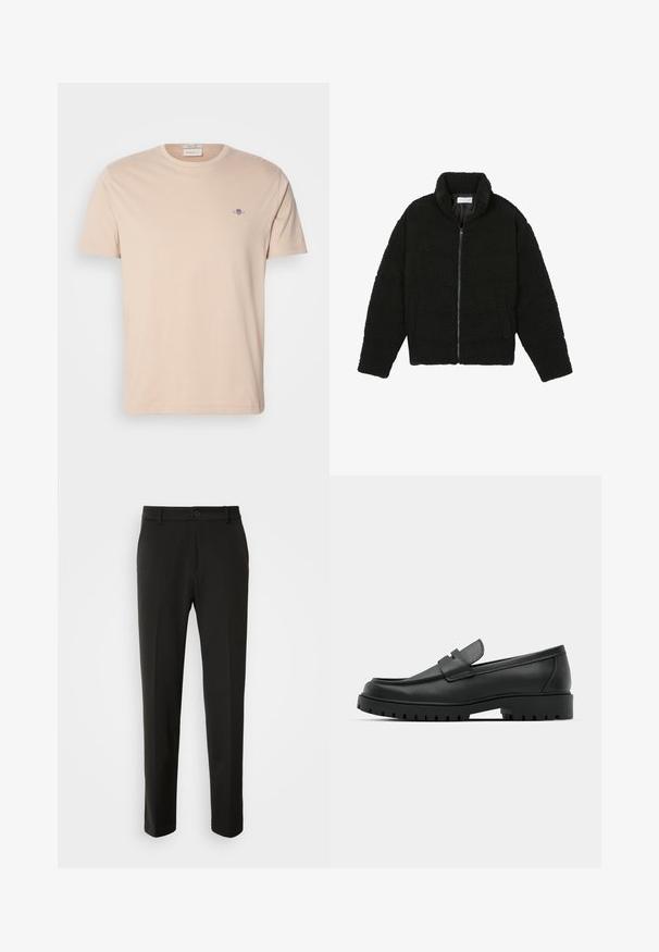 Black faux fur jacket with a high collar, zip closure, elastic cuffs, and a quilted design. Features side pockets and a soft texture.; Light beige cotton t-shirt with a crew neckline. Features a small embroidered logo on the left chest. Straight hem and short sleeves.; Black trousers made of smooth fabric, featuring straight legs, a button closure, and a classic design suitable for formal or casual wear.; Black leather loafers with a rounded toe, featuring a stitched design, low platform sole, and a textured, lugged rubber outsole.