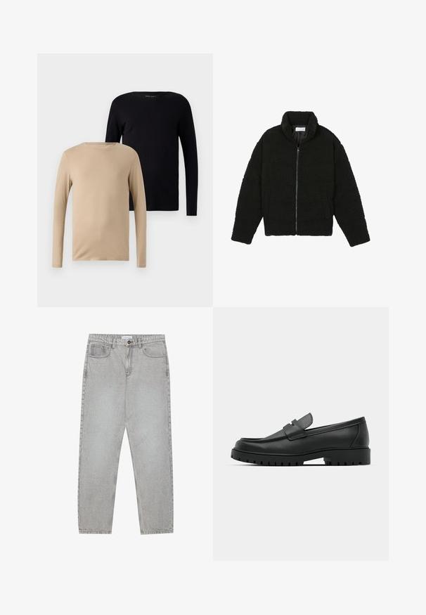 Schwarze Kunstpelzjacke mit hohem Kragen, Reißverschluss, elastischen Bündchen und gestepptem Design. Verfügt über seitliche Taschen und eine weiche Textur.; Zwei Langarm-T-Shirts: eines in beige und eines in schwarz. Weicher, dehnbarer Stoff mit Rundhalsausschnitten und minimalistischer Gestaltung.; Helle graue Jeanshose mit gerade geschnittenem Design, Fünf-Taschen-Stil und Knopfverschluss. Sichtbare Nähte entlang der Seitennähte.; Schwarze Lederloafer mit runder Zehenform, ausgestattet mit einem gesteppten Design, niedrigem Plattformsohle und einer strukturierten, genoppten Gummisohle.