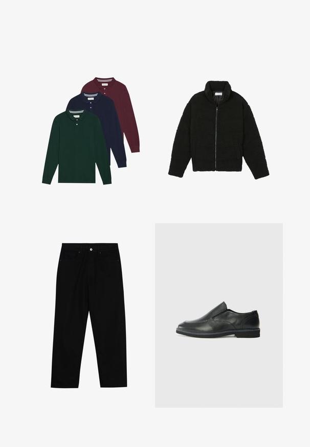 Musta tekokarvalehtijakku korkean kauluksen, vetoketjun, joustavat hihansuut ja tilkkutäkkikuvion. Sisältää sivutaskut ja pehmeän pinnan.; Kolme pitkähihasta polo-paitaa tummanvihreänä, laivastonsinisenä ja burgundina, joissa on klassiset kaulukset ja napit. Pehmeä, teksturoitu kangas.; Mustat farkut suoraan lahkeella, viisi taskua ja etunappikiinnitys. Sileä rakenne, jossa on vain vähäisiä ompelualueita.; Musta nahkainen liukujalkine, jossa on sileä pinta, ommeltuja yksityiskohtia, pyöristetty kärki ja matala kumipohja. Pohjassa on minimaalinen pito.