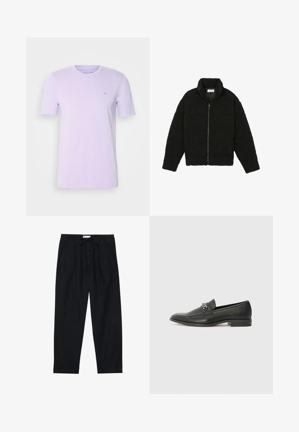 Black faux fur jacket with a high collar, zip closure, elastic cuffs, and a quilted design. Features side pockets and a soft texture.; Light purple cotton t-shirt with short sleeves, crew neck, and a small, embroidered logo on the left chest. Soft texture, simple design.; Pier One Chinos - black; Black leather loafer with a smooth finish, featuring a stitched design and a decorative metal chain accent across the vamp. Flat heel.