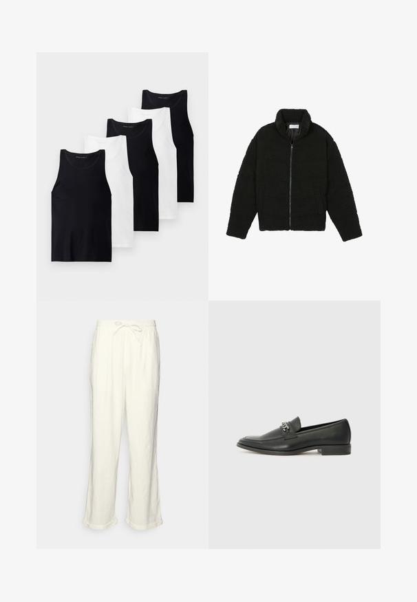 Zwarte faux fur jas met een hoge kraag, ritssluiting, elastische manchetten en een doorgestikt ontwerp. Beschikt over zijzakken en een zachte textuur.; Set van vijf mouwloze tanktops in zwart en wit katoen. Voorzien van ronde hals, aansluitend ontwerp en effen textuur.; Linnen broek in gebroken wit met een trekkoord in de taille, iets wijde pijpen en opgerolde manchetten voor een relaxte pasvorm. Geen zakken.; Zwarte leren instapper met een gladde afwerking, voorzien van een gestikt ontwerp en een decoratieve metalen kettingaccent over de wreef. Platte hak.