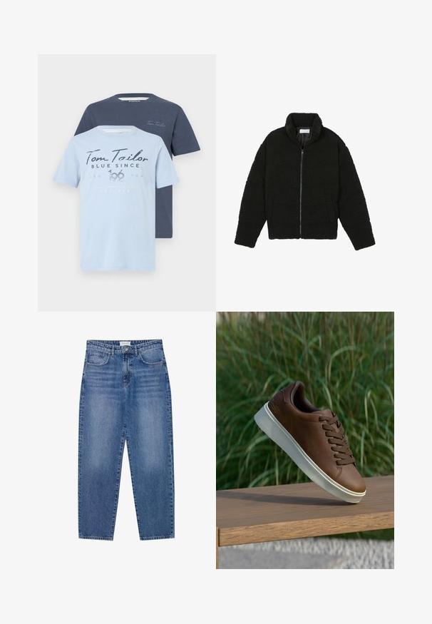 Juoda dirbtinė kailio striukė su aukštu apykakle, užtrauktuku, elastingomis rankovėmis ir siuvinėtu raštu. Su šoninėmis kišenėmis ir švelnia tekstūra.; Du pavidalai marškinėlių iš Tom Tailor: vieni šviesiai mėlyni su grafikų spausdinimu, o kiti tamsiai mėlyni. Abu turi apvalią apykaklę ir trumpas rankoves.; Mėlyni džinsai su aukštu liemeniu, tiesiomis kojomis ir nusidėvėjusiu paviršiumi. Turi penkias kišenes ir mygtukų užsegimą.; Rudos odinės sportinės bateliai su balta guma padais, suapvalinta nosimi ir rudomis raišteliais. Tekstūruota atrama ant padais ir lygus paviršius viršuje.