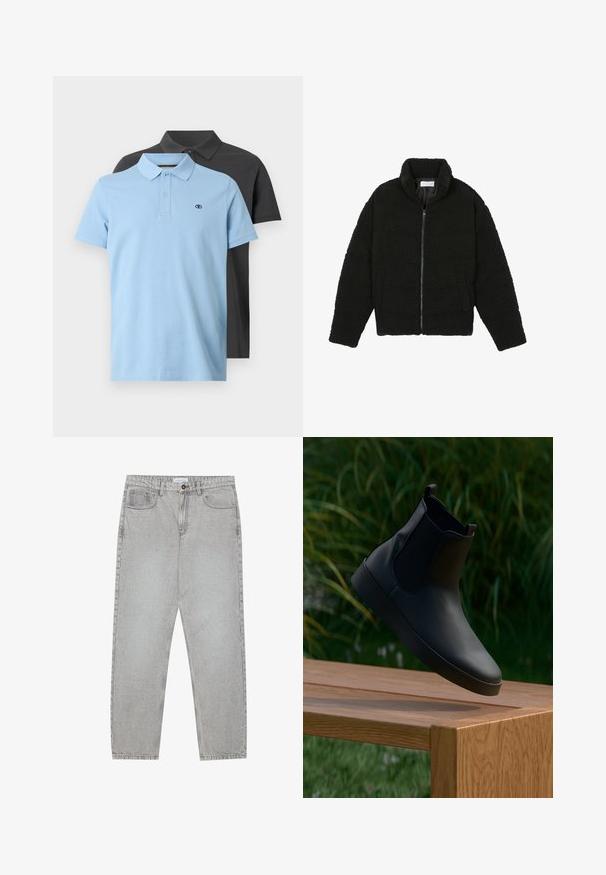 Juoda dirbtinė kailio striukė su aukštu apykakle, užtrauktuku, elastingomis rankovėmis ir siuvinėtu raštu. Su šoninėmis kišenėmis ir švelnia tekstūra.; Du dušo marškiniai: vieni šviesiai mėlynos spalvos su apykakle ir sagomis, kiti tamsiai pilki. Abu turi mažą logotipą ant krūtinės ir trumpas rankoves.; Šviesiai pilki džinsai su tiesiu kirpimu, penkiais kišenėmis ir mygtuko uždarymu. Matoma siuvimo linija palei siūles.; Juodos odinės kulkšninių batelių su elastingomis šoninėmis plokštelėmis, lygiu paviršiumi, apvaliu nosiu ir plokščiu padu, padėti ant medinio stalo priešais žalumynus.