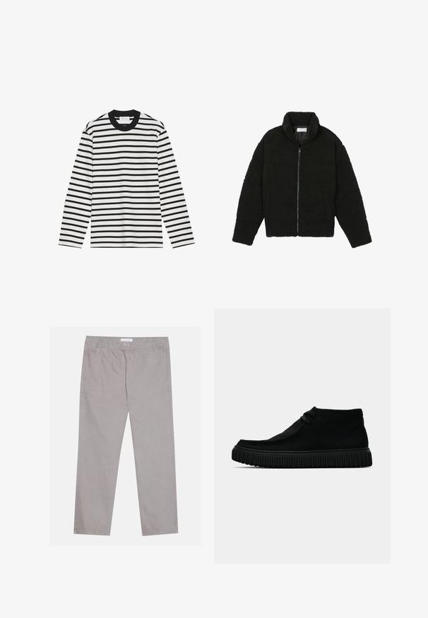 Zwarte faux fur jas met een hoge kraag, ritssluiting, elastische manchetten en een doorgestikt ontwerp. Beschikt over zijzakken en een zachte textuur.; Langarmshirt in zwart-witte strepen. Ribgebreide ronde hals en mouwen. Zacht materiaal met een consistent horizontaal patroon. Klassieke snit.; Lichtgrijze katoenen broek met een elastische tailleband, twee zijzakken, een recht poten ontwerp en een zachte textuur. Eenvoudige stiksel.details.; Zwarte enkelboots van zacht materiaal, met een ronde neus, minimale veters en een gestructureerde rubberen zool met verticale groeven.