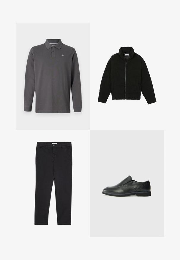 Melnā mākslīgā kažokādas jaka ar augstu apkakli, ar rāvējslēdzēju, elastīgām piedurknēm un kvadrātveida šuvēm. Iespējotas sānu kabatas un mīksta tekstūra.; Tumšas pelēkas kokvilnas polo krekls ar garām piedurknēm, kuram ir apkakle, trīs pogu poga un mazs logs kreisajā krūtī.; Melni kokvilnas bikses ar šauru piegriezumu, kurām ir divas sānu kabatas un priekšējā pogu aizdare. Tekstūrēta auduma ar smalku detalizāciju.; Melnas ādas slip-on kurpes ar gludu augšdaļu, izšūtām akcentiem, noapaļotu purngala daļu un zemu gumijas papēdi. Zole ar minimālu rakstu.