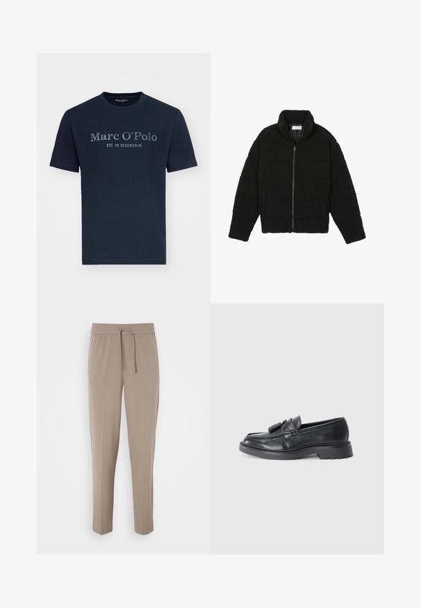 Juoda dirbtinė kailio striukė su aukštu apykakle, užtrauktuku, elastingomis rankovėmis ir siuvinėtu raštu. Su šoninėmis kišenėmis ir švelnia tekstūra.; Tamsiai mėlynas medvilninis marškinėliai su apykakle, trumpomis rankovėmis ir priekiniu užrašu: "Marc O'Polo EST. IN STOCKHOLM" šviesesnės spalvos.; Šviesiai beigės kelnės su elastiniu juosmeniu, reguliuojama raišteliu ir siaurėjantys kojomis. Audinys atrodo lygus su švelniu blizgesiu.; Juodi odiniai loafersai su apvaliu nose, juostele su kutais ir storesniu padu su raštu. Lygus paviršius ir klasikinis dizainas.