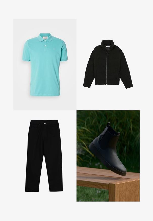 Musta tekokarvalehtijakku korkean kauluksen, vetoketjun, joustavat hihansuut ja tilkkutäkkikuvion. Sisältää sivutaskut ja pehmeän pinnan.; Turkoosi pikeepaita, puuvillamateriaali, lyhyet hihnat, kahden napin avaus, hillitty brodeerattu logo rinnassa, sileä rakenne.; Mustat farkut suoraan lahkeella, viisi taskua ja etunappikiinnitys. Sileä rakenne, jossa on vain vähäisiä ompelualueita.; Mustat nahkasaappaat nilkkapituisilla joustoilla, sileä pinta, pyöreä varvas ja litteat pohjat, asetettu puupöydän päälle vihreyden taustalla.