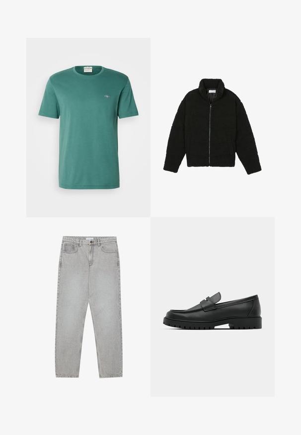 Black faux fur jacket with a high collar, zip closure, elastic cuffs, and a quilted design. Features side pockets and a soft texture.; Green cotton t-shirt with a round neck and short sleeves. Features a small embroidered logo on the chest. Smooth texture, casual fit.; Light grey denim pants with a straight-leg design, five-pocket styling, and a button closure. Visible stitching along the seams.; Black leather loafers with a rounded toe, featuring a stitched design, low platform sole, and a textured, lugged rubber outsole.