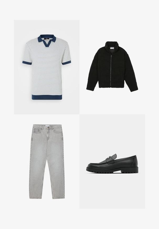 Schwarze Kunstpelzjacke mit hohem Kragen, Reißverschluss, elastischen Bündchen und gestepptem Design. Verfügt über seitliche Taschen und eine weiche Textur.; Gestreiftes Baumwollpolo-Shirt mit vertikalen navy- und weißen Streifen, navyfarbenem Kragen und Ärmeln sowie V-Ausschnitt-Design. Weiche Textur.; Helle graue Jeanshose mit gerade geschnittenem Design, Fünf-Taschen-Stil und Knopfverschluss. Sichtbare Nähte entlang der Seitennähte.; Schwarze Lederloafer mit runder Zehenform, ausgestattet mit einem gesteppten Design, niedrigem Plattformsohle und einer strukturierten, genoppten Gummisohle.