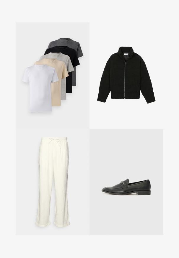 Must must karusnahast jakk kõrge kraega, lukuga sulgemine, elastsed varrukad ja tikandmuster. Omab küljetaskuid ja pehmet tekstuuri.; Viie lühikese varrukaga T-särgi komplekt, mis sisaldab valget, beeži, heletüüki, tumehallit ja musta. Valmistatud siledast puuvillast, ümmarguse kaela disainiga.; Lina püksid tühjas valges, millel on paelaga vöökoht, veidi laiemad sääred ja keeratud varrud mugavaks istumiseks. Taskud puuduvad.; Must haveate nahkking punased, millel on sile viimistlus, tikitud muster ja dekoratiivne metallkett vampi üle. Tasane konts.