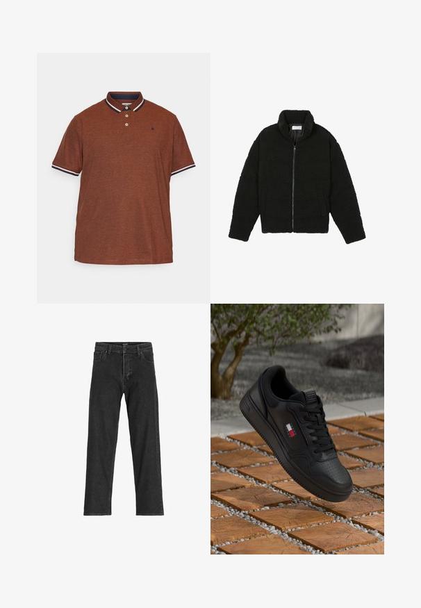 Svart faux fur-jacka med hög krage, dragkedjestängning, elastiska manschetter och ett kviltat mönster. Har sidofickor och en mjuk textur.; Brun polo-tröja i texturerat tyg, med en marinblå krage med vit kant, tre knappar och en liten logotyp på bröstet.; Svarta denimjeans med rak passform, featuring dragkedja, bälteslöljer och sex fickor, tillverkade av en kraftig bomullsblandning.; Svarta lädersneakers med perforerat tåparti och texturerade accenter. Har en liten logotyp i rött, vitt och blått på sidan.