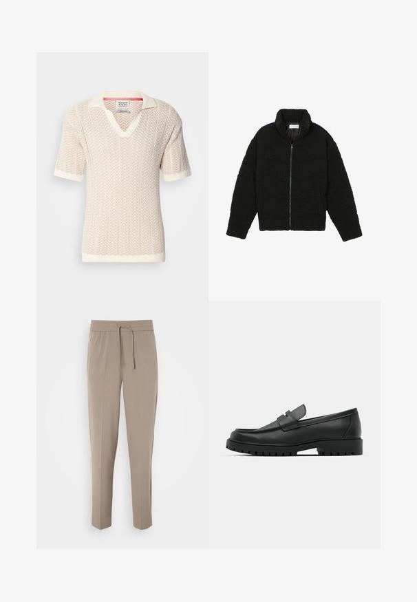 Veste en fausse fourrure noire avec un col haut, fermeture éclair, poignets élastiques et un design matelassé. Elle possède des poches latérales et une texture douce.; Pull en tricot beige à manches courtes avec un motif zigzag texturé et un col en V. Il présente un col et des poignets de couleur crème contrastants.; Pantalons beige clair avec une taille élastique, cordon de serrage ajustable et jambes fuselées. Le tissu semble lisse avec un léger éclat.; Mocassins en cuir noir à bout arrondi, avec un design cousu, une semelle plateforme basse et une semelle en caoutchouc texturée et crantée.