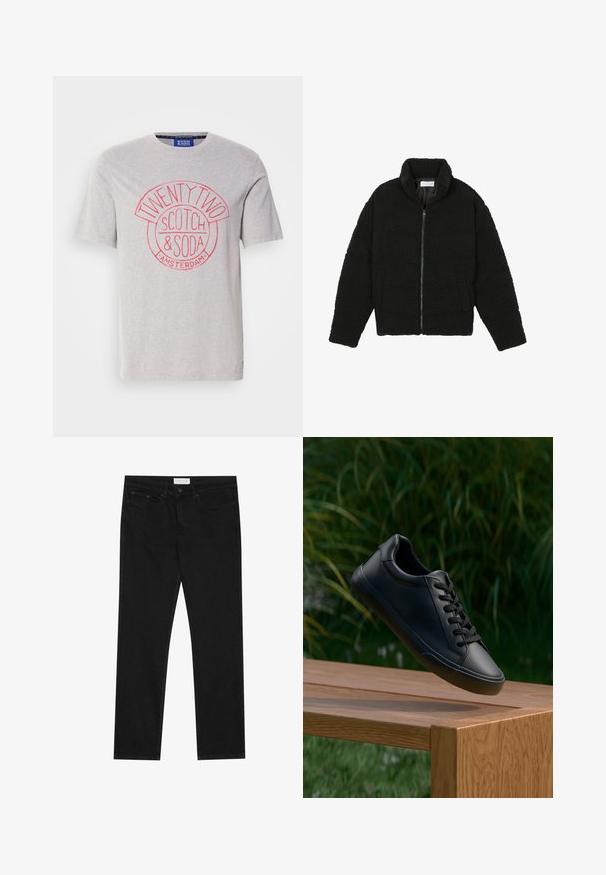 Black faux fur jacket with a high collar, zip closure, elastic cuffs, and a quilted design. Features side pockets and a soft texture.; Grey cotton t-shirt featuring a round red graphic print with "TWENTY TWO", "SCOTCH & SODA", and "AMSTERDAM" text. Short sleeves, standard fit.; Black straight-leg jeans with five-pocket design, button and zip fly closure, and a Pier One brand label on the waistband.; Black leather sneaker with a smooth texture, round toe, and flat laces, positioned above a wooden surface with green grass in the background.