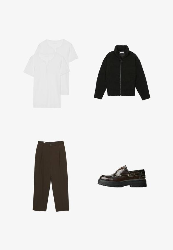 Veste en fausse fourrure noire avec un col haut, fermeture éclair, poignets élastiques et un design matelassé. Elle possède des poches latérales et une texture douce.; Deux t-shirts blancs à manches courtes en coton doux, avec un col henley et deux boutons, de coupe régulière.; Pantalons ajustés marron foncé avec des plis à l'avant, passants de ceinture et fermeture à bouton à la taille.; Bateau en cuir marron avec une semelle en caoutchouc, présentant des détails de couture, des œillets en métal et un design à lacets. Construction épaisse et légère.