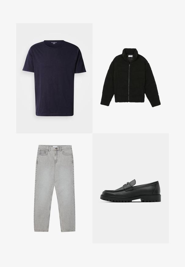 Sort faux fur jakke med høj krave, lynlås lukning, elastiske ærmer og et quiltet design. Har sidelommer og en blød tekstur.; Mørkeblå T-shirt lavet af blødt stof, med rund hals og korte ærmer. Glat tekstur med et enkelt, klassisk design.; Lysegrå denimbukser med lige ben, fem lommer og knaplukning. Synlig syning langs sømmene.; Sorte læder loafers med rund tå, der har et syet design, lav platformssål og en struktureret, skridsikker gummisål.