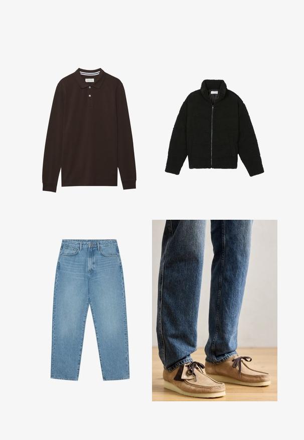 Zwarte faux fur jas met een hoge kraag, ritssluiting, elastische manchetten en een doorgestikt ontwerp. Beschikt over zijzakken en een zachte textuur.; Langsleeve polo shirt in donkerbruin katoen, met een kraag, een placket met drie knopen en witte strepenaccenten. Glad van textuur.; Lichtblauwe denim wijde jeans met een hoge taille, voorzien van vijf zakken, riemlusjes en een zachte, licht vervaagde textuur.; Suède mocassins in tan met een donkerbruin accent, ronde neus en een zachte witte zool. Beschikt over een vetersluiting en gestikte details.