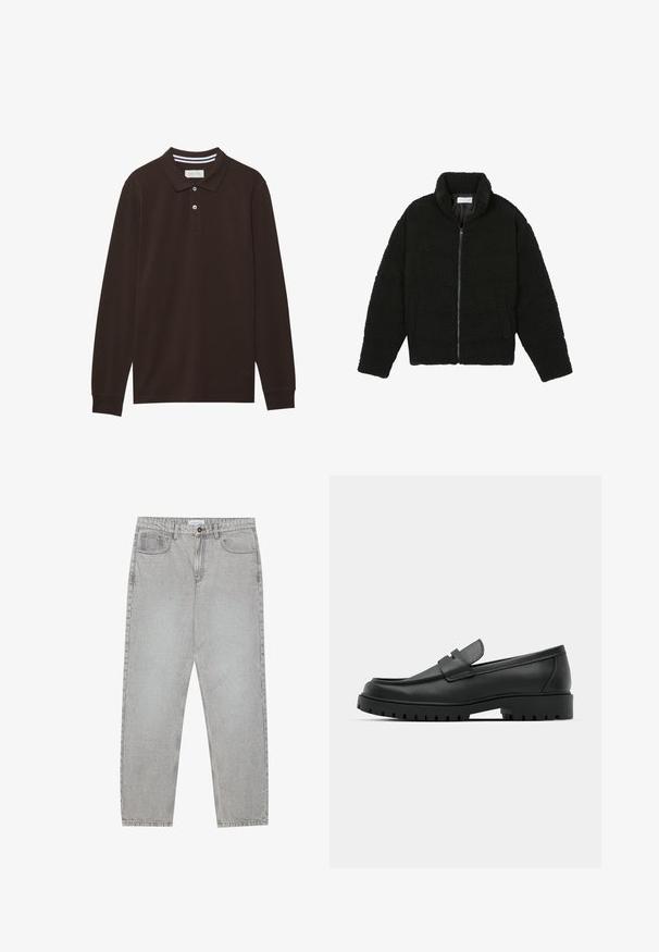 Black faux fur jacket with a high collar, zip closure, elastic cuffs, and a quilted design. Features side pockets and a soft texture.; Long-sleeve polo shirt in dark brown cotton, featuring a collar, three-button placket, and white-striped accents. Smooth texture.; Light grey denim pants with a straight-leg design, five-pocket styling, and a button closure. Visible stitching along the seams.; Black leather loafers with a rounded toe, featuring a stitched design, low platform sole, and a textured, lugged rubber outsole.