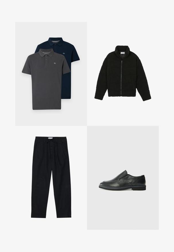 Juoda dirbtinė kailio striukė su aukštu apykakle, užtrauktuku, elastingomis rankovėmis ir siuvinėtu raštu. Su šoninėmis kišenėmis ir švelnia tekstūra.; Du šių polo marškinėlių komplektas: vienas anglies pilkos, o kitas tamsiai mėlynos spalvos, abi pagamintos iš lygaus medvilnės, turinčios klasikinį apykaklę ir logotipą ant krūtinės.; Pier One Chino stiliaus kelnės - black; Juodai odiniai įtvirtinimo batai su lygiu paviršiumi, siuvinėjimo akcentais, apvalia nosimi ir žemu guminiu kulnu. Pado raštas minimalus.