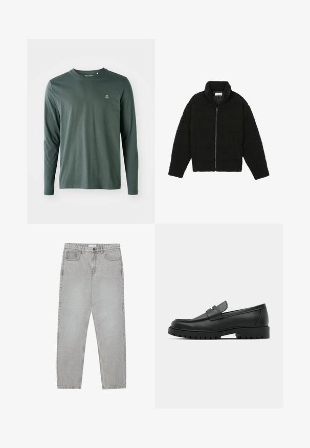 Juoda dirbtinė kailio striukė su aukštu apykakle, užtrauktuku, elastingomis rankovėmis ir siuvinėtu raštu. Su šoninėmis kišenėmis ir švelnia tekstūra.; Tamsiai žaliai medvilninė marškinėlių ilgomis rankovėmis su apvaliomis iškirptėmis, subtilia tekstūra ir mažuoju baltu "M OP" logotipu kairiajame krūtinės pusėje.; Šviesiai pilki džinsai su tiesiu kirpimu, penkiais kišenėmis ir mygtuko uždarymu. Matoma siuvimo linija palei siūles.; Juodi odiniai loaferiai su apvalia nosimi, su siuvinėtu dizainu, žemu platformos padu ir tekstūruotu, sukibimo raštu padu.