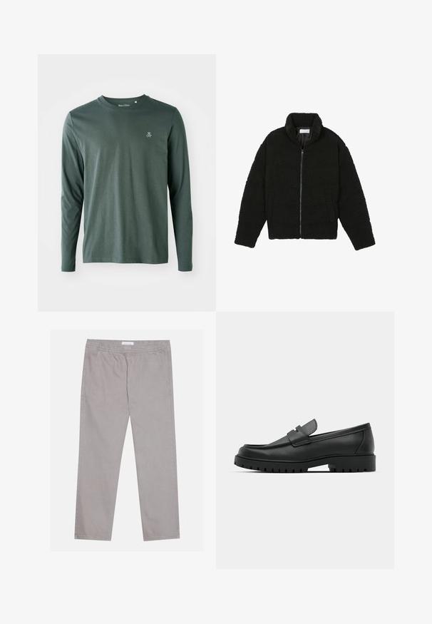 Must must karusnahast jakk kõrge kraega, lukuga sulgemine, elastsed varrukad ja tikandmuster. Omab küljetaskuid ja pehmet tekstuuri.; Tume roheline puuvillane pikkade varrukatega särk ümmarguse kaelusega, peene tekstuuriga ja väikese valge "M OP" logoga vasakul rinnal.; Heledad hallid puuvillased püksid, millel on elastne vöökoht, kaks külgtaskut, sirge jala disain ja sile tekstuur. Lihtne õmbluse detail.; Mustad musta nahast loafers, millel on ümar varvas, tikandiga disain, madal platvorm-soon ja tekstureeritud, soonikkummist välistald.