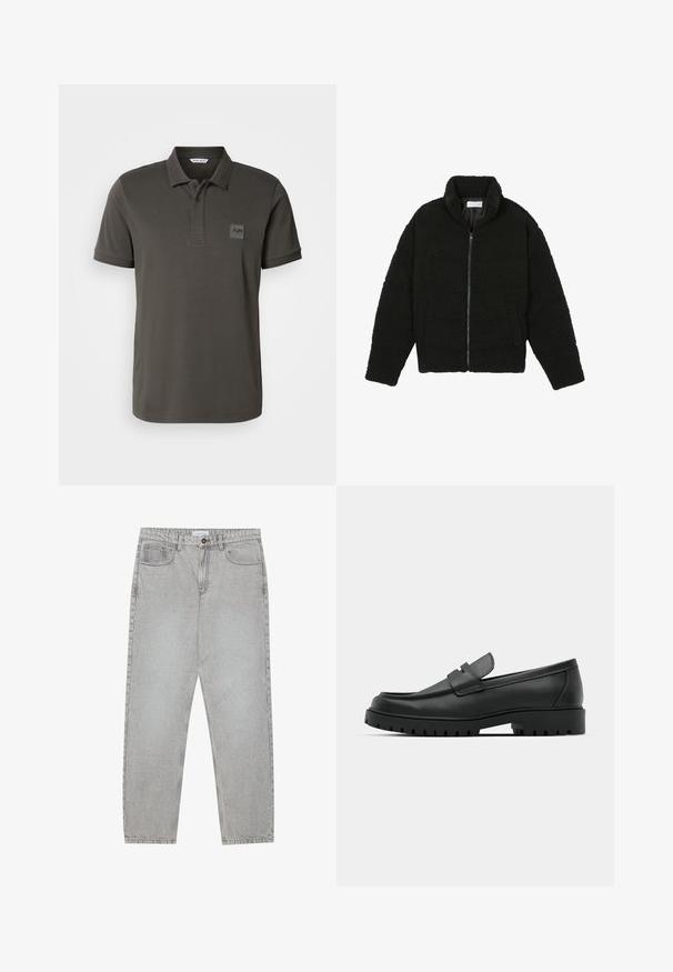 Svart fuskepelsjakke med høy krage, glidelås, elastiske mansjetter og quiltet design. Har sidelommer og en myk tekstur.; Mørkegrønn polo-skjorte laget av bomull, med ribbestrikket krage, tre-knaps placket og en dekorativ logo-lapp på brystet.; Lys grå denimbukser med rett ben-design, fem lommer og knappelukking. Synlig søm langs sømmene.; Sorte lærloafere med rund tå, med en syddesign, lav plattformsåle og en teksturert, ruggede gummisåle.
