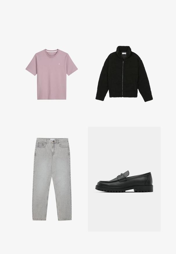 Fekete műszőrme dzseki magas gallérral, cipzáros záródással, rugalmas mandzsettákkal és steppelt mintázattal. Oldalsó zsebekkel rendelkezik, és puha tapintású.; Világos rózsaszín rövid ujjú póló puha anyagból, kerek nyakkivágással és egy kis hímzett logóval a mellrészen.; Világosszürke farmernadrág egyenes szabással, öt zsebes stílusban, gombos záródással. Látható varrások az illesztéseknél.; Fekete bőr loafer cipők kerek orral, varrott mintázattal, alacsony platformtalpú és texturált, barázdált gumitalppal.