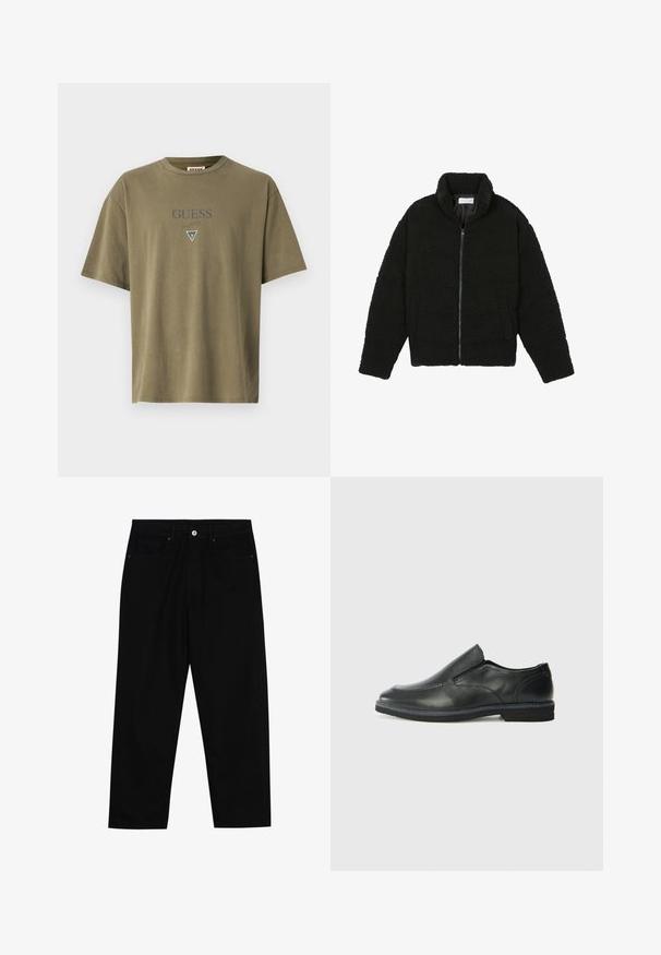 Svart fuskepelsjakke med høy krage, glidelås, elastiske mansjetter og quiltet design. Har sidelommer og en myk tekstur.; Guess Originals PRINTED BAKER - T-shirts med print - olive mourning; Sorte denimbukser med rett benklipp, fem-lomme design og frontknappåpning. Jevn tekstur med minimale sømdetaljer.; Sorte skinn slip-on sko med en jevn overflate, stikking detaljer, rund tå og en lav gummihæl. Sålen har minimal mønstring.