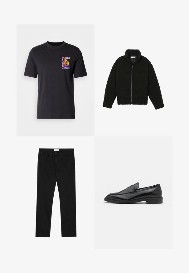 Sort faux fur jakke med høj krave, lynlås lukning, elastiske ærmer og et quiltet design. Har sidelommer og en blød tekstur.; Sort kortærmet t-shirt med et farverigt broderet motiv på venstre bryst, som siger "Scotch Amsterdam." Blødt bomuldsstof.; Sorte lige ben jeans med fem-lomme design, knap- og lynlåslukning samt et Pier One mærkeetiket på taljen.; Sorte læder loafers med en glat overflade, der har en rund tå og en smal bånd over det øverste. Lav stablet hæl.