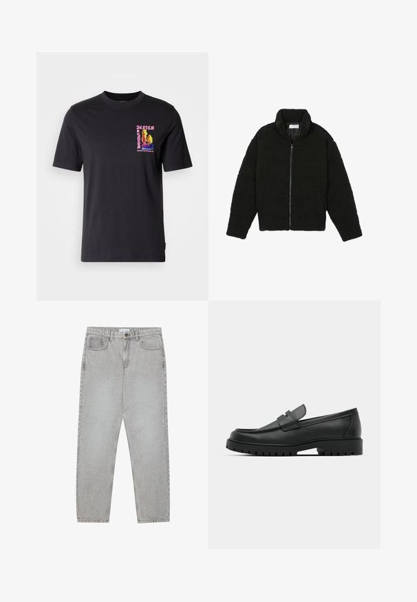 Schwarze Kunstpelzjacke mit hohem Kragen, Reißverschluss, elastischen Bündchen und gestepptem Design. Verfügt über seitliche Taschen und eine weiche Textur.; Schwarzes T-Shirt mit kurzen Ärmeln, das ein bunt gesticktes Grafikdesign auf der linken Brust zeigt, mit der Aufschrift "Scotch Amsterdam". Aus weichem Baumwollstoff.; Helle graue Jeanshose mit gerade geschnittenem Design, Fünf-Taschen-Stil und Knopfverschluss. Sichtbare Nähte entlang der Seitennähte.; Schwarze Lederloafer mit runder Zehenform, ausgestattet mit einem gesteppten Design, niedrigem Plattformsohle und einer strukturierten, genoppten Gummisohle.