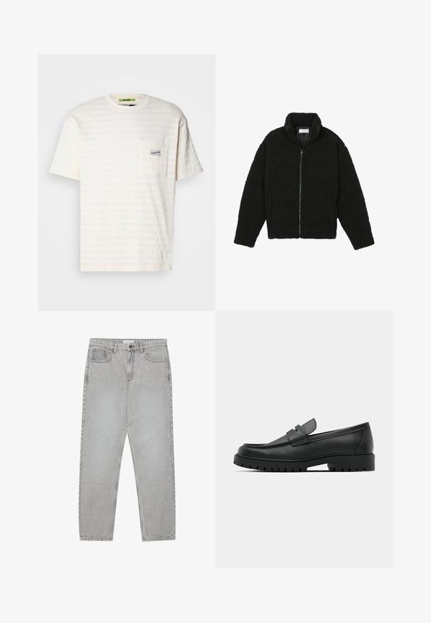 Chaqueta de pelaje sintético negro con cuello alto, cierre de cremallera, puños elásticos y un diseño acolchado. Cuenta con bolsillos laterales y una textura suave.; Camiseta blanca con patrón texturizado, cuello redondo, mangas cortas y un bolsillo en el pecho izquierdo que presenta una pequeña etiqueta con logo.; Pantalones de mezclilla gris claro con un diseño de pierna recta, estilo de cinco bolsillos y cierre de botón. Costuras visibles a lo largo de las costuras.; Mocasines de cuero negro con punta redonda, que cuentan con un diseño cosido, suela de plataforma baja y una suela de goma texturada y con tacos.