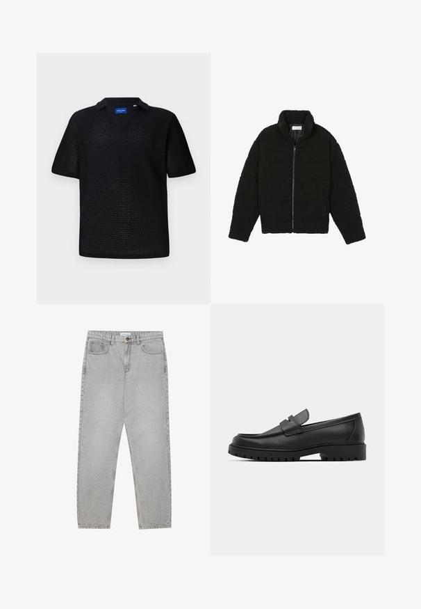 Juoda dirbtinė kailio striukė su aukštu apykakle, užtrauktuku, elastingomis rankovėmis ir siuvinėtu raštu. Su šoninėmis kišenėmis ir švelnia tekstūra.; Juodas trumpas rankovėmis polo marškinėliai, pagaminti iš tekstūruoto tinklo audinio, su V formos iškirpte ir apykakle. Dizainas yra laisvas ir kvėpuojantis.; Šviesiai pilki džinsai su tiesiu kirpimu, penkiais kišenėmis ir mygtuko uždarymu. Matoma siuvimo linija palei siūles.; Juodi odiniai loaferiai su apvalia nosimi, su siuvinėtu dizainu, žemu platformos padu ir tekstūruotu, sukibimo raštu padu.