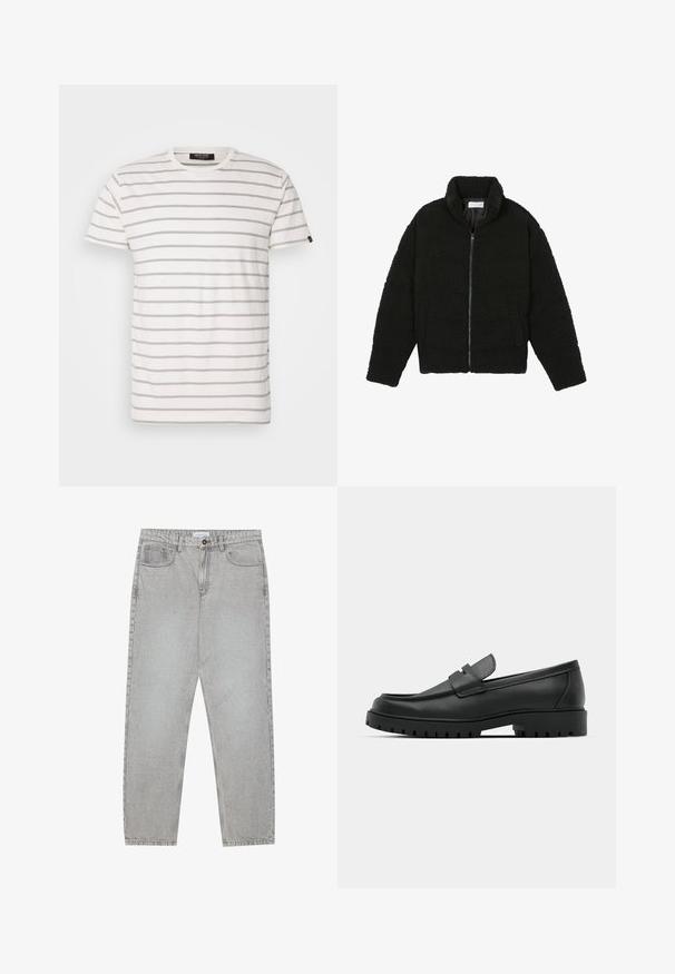 Veste en fausse fourrure noire avec un col haut, fermeture éclair, poignets élastiques et un design matelassé. Elle possède des poches latérales et une texture douce.; T-shirt à manches courtes, col rond, de couleur blanche avec des rayures grises alternées. Tissu doux avec une coupe régulière et une ourlet droit. Étiquette de marque sur le côté.; Pantalon en denim gris clair avec une coupe droite, cinq poches et une fermeture à bouton. Coutures visibles le long des coutures.; Mocassins en cuir noir à bout arrondi, avec un design cousu, une semelle plateforme basse et une semelle en caoutchouc texturée et crantée.