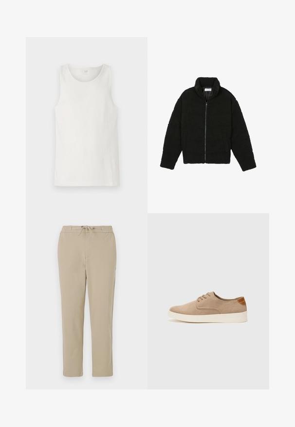 Juoda dirbtinė kailio striukė su aukštu apykakle, užtrauktuku, elastingomis rankovėmis ir siuvinėtu raštu. Su šoninėmis kišenėmis ir švelnia tekstūra.; Balta be rankovių maikutė, pagaminta iš kanalėlio audinio, su apvaliu iškirpimu ir tvarkingomis kraštinėmis. Etiketė nugaros centre skelbia "GAP."; Šviesiai rudos spalvos poilsio kelnės su elastinga juosmele ir raišteliu, turinčios tiesaus kirpimo dizainą ir švelnią, lygų tekstūrą.; Bežiniai zomšiniai sportbačiai su apvaliomis pirštų dalimis, raišteliais priekyje ir tekstūruotu užkulniu. Balta guma suteikia kontrastą. Paprastas ir modernus dizainas.