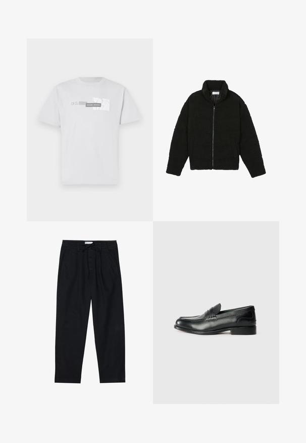 Schwarze Kunstpelzjacke mit hohem Kragen, Reißverschluss, elastischen Bündchen und gestepptem Design. Verfügt über seitliche Taschen und eine weiche Textur.; Weißes Baumwoll-T-Shirt mit Grafikdruck "NORTHERN AESTHETICS" und "EST. 2007" in Grau. Klassischer Rundhalsausschnitt, kurze Ärmel.; Pier One Chino - black; Schwarze Lederloafers mit glatter Oberfläche, gesteppten Details über dem Vorderblatt und einem leicht erhöhten Absatz.