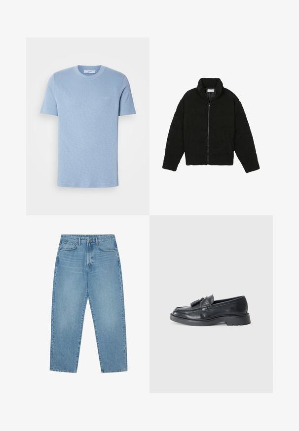 Černá umělá kožešinová bunda s vysokým límcem, zipovým uzávěrem, elastickými manžetami a prošívaným designem. Obsahuje postranní kapsy a jemnou texturu.; Světle modré bavlněné tričko, krátké rukávy, kulatý výstřih, jemné logo na přední straně, hladká textura, standardní střih.; Světle modré džíny s širokými nohavicemi a vysokým pasem, které mají pět kapes, poutka na opasek a měkkou, mírně vybledlou strukturu.; Černé kožené mokasíny s kulatou špičkou, páskem se třásněmi a robustní podrážkou s vzorováním. Hladká textura a klasický design.