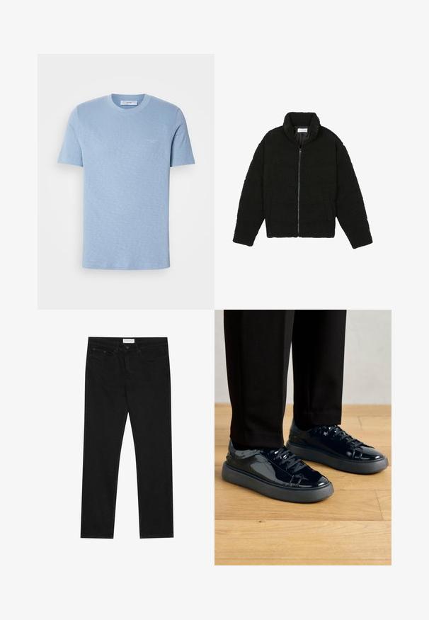 Fekete műszőrme dzseki magas gallérral, cipzáros záródással, rugalmas mandzsettákkal és steppelt mintázattal. Oldalsó zsebekkel rendelkezik, és puha tapintású.; Világoskék pamut póló, rövid ujjú, kerek nyakú, diszkrét logóval az elején, sima textúrájú, normál szabású.; Fekete egyenes szárú farmernadrág, öt zsebes dizájnnal, gombos és cipzáras záródással, valamint Pier One márka címkével a derékrészen.; Fekete lakkbőr sportcipők texturált gumitalppal, kerek orral és passzoló fekete fűzőkkel, fekete nadrággal párosítva, egy fa padlón.