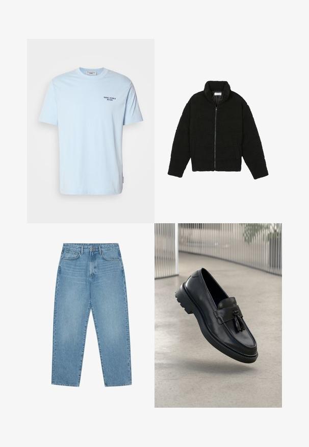 Czarna kurtka z faux futra z wysokim kołnierzem, zapięciem na zamek, elastycznymi mankietami i pikowanym wzorem. Posiada boczne kieszenie i miękką fakturę.; Jasnoniebieska bawełniana koszulka typu crew neck z krótkim rękawem, z małym ciemnym nadrukiem na piersi, który brzmi "MARC O'POLO DENIM".; Jasnoniebieskie dżinsowe spodnie o szerokich nogawkach i wysokim stanie, z pięcioma kieszeniami, szlufkami na pasek oraz miękką, lekko przytłumioną fakturą.; Czarne skórzane mokasyny o gładkim wykończeniu, z dekoracyjnym chwostem, grubą gumową podeszwą i przeszyciami. Lekka i elegancka konstrukcja.