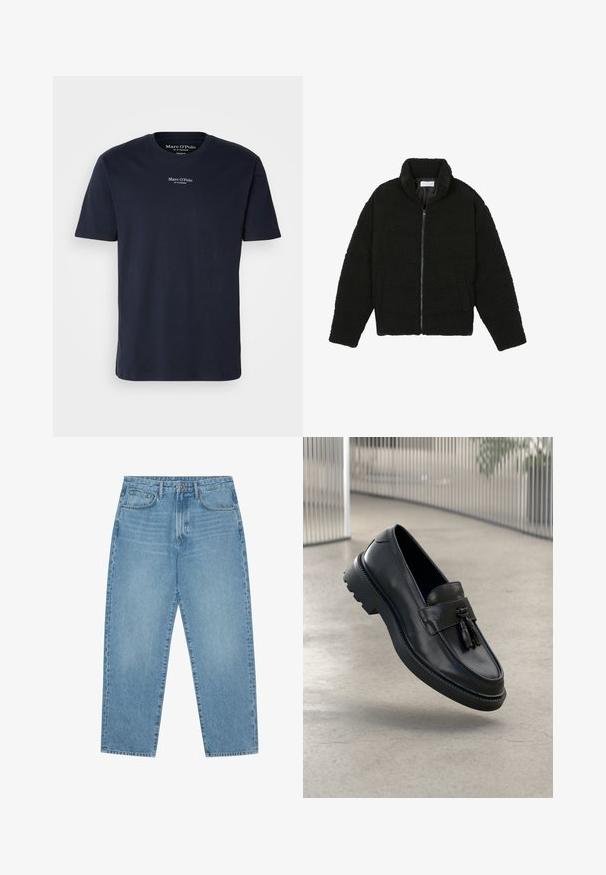 Melnā mākslīgā kažokādas jaka ar augstu apkakli, ar rāvējslēdzēju, elastīgām piedurknēm un kvadrātveida šuvēm. Iespējotas sānu kabatas un mīksta tekstūra.; Tumši zila kokvilnas T-krekls ar īsām piedurknēm, apaļu kaklu, kura augšējā krūtī ir neliels balts logo teksts. Gluda tekstūra, regulāra piegriezuma.; Gaiši zili denim auduma platgala bikses ar augstu jostasvietu, ar piecām kabatām, jostu cilpām un mīkstu, nedaudz nodilušu tekstūru.; Melnas ādas loaferi ar gludu apdari, dekoratīvu bārkstīm, biezu gumijas zolīti un izšūtām detaļām. Viegls un elegants dizains.