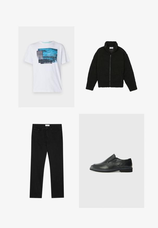 Fekete műszőrme dzseki magas gallérral, cipzáros záródással, rugalmas mandzsettákkal és steppelt mintázattal. Oldalsó zsebekkel rendelkezik, és puha tapintású.; Fehér, rövid ujjú póló, kék grafikai mintával és felirattal, texturált mintázattal és kerek nyakkivágással, könnyű pamut anyagból készült.; Fekete egyenes szárú farmernadrág, öt zsebes dizájnnal, gombos és cipzáras záródással, valamint Pier One márka címkével a derékrészen.; Fekete bőr, slip-on cipő sima felsőrésszel, varrott díszítéssel, lekerekített orral és alacsony gumitalppal. A talpa minimális bordázattal rendelkezik.