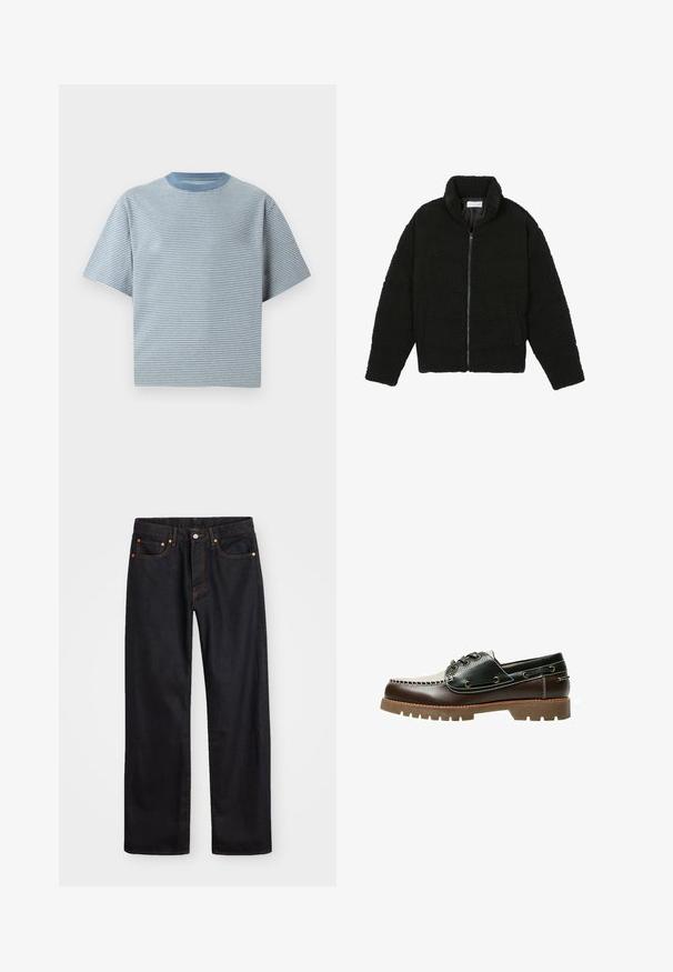 Čierna umelá kožušinová bunda s vysokým golierom, zipsom, elastickými manžetami a prešívaným dizajnom. Má bočné vrecká a jemnú textúru.; Prúžkované tričko v svetlom modrom a bielom, s krátkymi rukávmi, okrúhlym výstrihom, vyrobené z mäkkého bavlneného materiálu, s voľným strihom.; Pánske rovné čierne riflové nohavice s piatimi vreckami a oranžovým prešívaním, s gombíkom a zipsom na prednom páse.; Hnedé a čierne kožené topánky typu boat s šnurovaním, kontrastným prešívaním a textúrovanou gumovou podrážkou. Majú kovové očká na šnúrky a zaoblenú špičku.