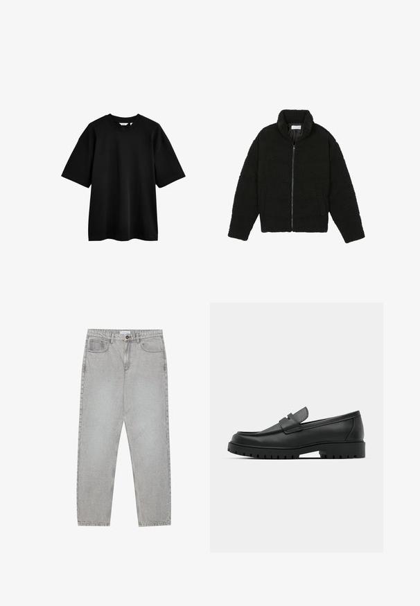 Must must karusnahast jakk kõrge kraega, lukuga sulgemine, elastsed varrukad ja tikandmuster. Omab küljetaskuid ja pehmet tekstuuri.; Must musta T-särk lühikeste varrukatega, lõdva lõikega, ümmarguse kaelusega ja sujuva tekstuuriga. Minimalistlik disain ilma mustrite või kaunistusteta.; Heledad hallide denimpüksid otse säärekujundusega, viie-taskulise stiliseerimise ja nupukinnitusega. Nähtav õmblus kõrvuti.; Mustad musta nahast loafers, millel on ümar varvas, tikandiga disain, madal platvorm-soon ja tekstureeritud, soonikkummist välistald.