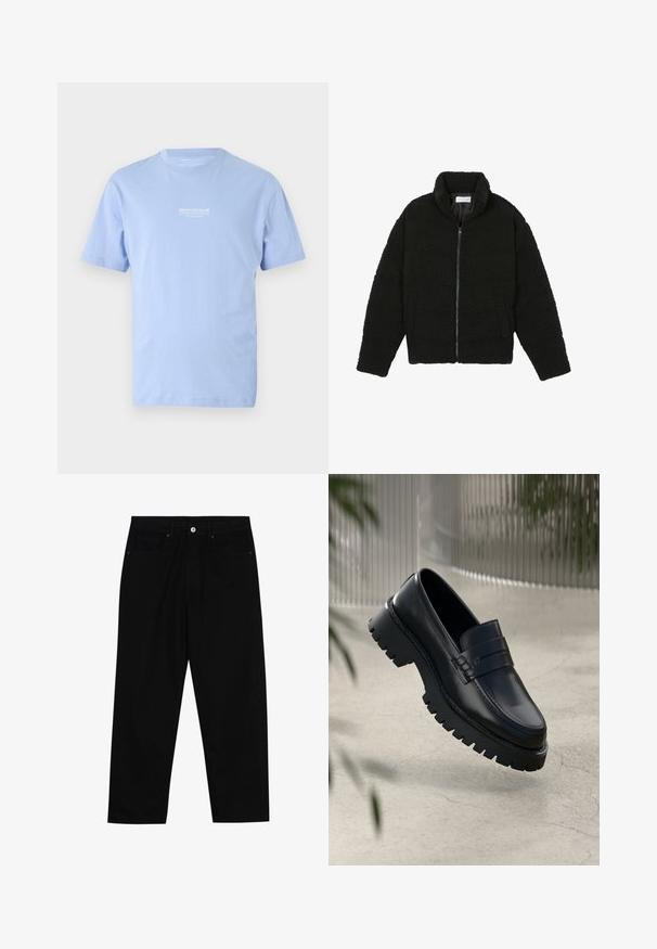 Černá umělá kožešinová bunda s vysokým límcem, zipovým uzávěrem, elastickými manžetami a prošívaným designem. Obsahuje postranní kapsy a jemnou texturu.; Světle modré tričko s krátkým rukávem a kulatým výstřihem, s malým bílým textem "DENIM TOM TAILOR" umístěným na středu hrudi.; Černé džíny s rovně střiženými nohavicemi, designem pěti kapes a předním zapínáním na knoflík. Hladký povrch s minimem švových detailů.; Černé kožené mokasíny s robustní podrážkou, s ozdobným páskem a detailem prošívání. Hladký povrch s lesklým finišem.