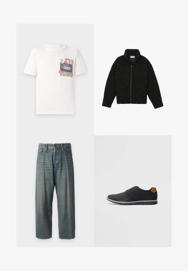 Černá umělá kožešinová bunda s vysokým límcem, zipovým uzávěrem, elastickými manžetami a prošívaným designem. Obsahuje postranní kapsy a jemnou texturu.; TOM TAILOR DENIM Triko s potiskem - gardenia white; Světle modré denimové džíny s volným střihem, středně vysokým pasem a rovnými nohavicemi. Obsahují pět kapes, poutka na opasek a zapínání na knoflík.; Černé syntetické boty s texturovaným svrškem, hladkými detaily, hnědým podpatkem a kontrastní podrážkou. Obsahují minimální šněrování a švy.