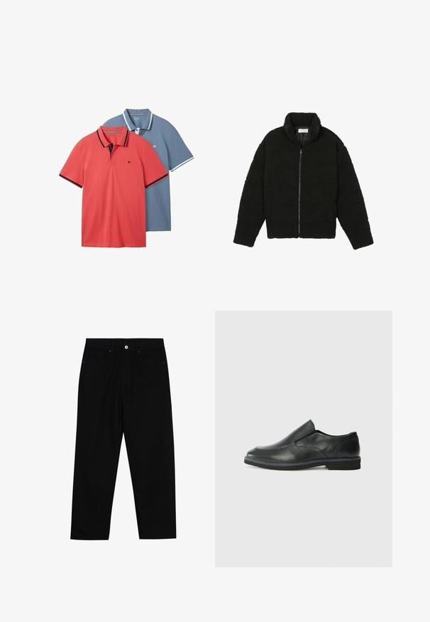 Melnā mākslīgā kažokādas jaka ar augstu apkakli, ar rāvējslēdzēju, elastīgām piedurknēm un kvadrātveida šuvēm. Iespējotas sānu kabatas un mīksta tekstūra.; Divi polo krekli: viens korallkrāsas ar tumšu apdari un viens gaiši zils ar baltām akcentiem. Abiem ir īsas piedurknes un klasiskā apkakle.; Melni džinsi ar taisnu kāju griezumu, piecu kabatu dizainu un priekšēju pogu aizdari. Gluda tekstūra ar minimālu šuvju detaļu skaitu.; Melnas ādas slip-on kurpes ar gludu augšdaļu, izšūtām akcentiem, noapaļotu purngala daļu un zemu gumijas papēdi. Zole ar minimālu rakstu.