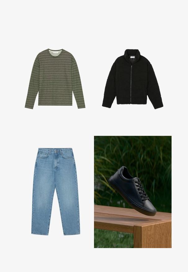 Black faux fur jacket with a high collar, zip closure, elastic cuffs, and a quilted design. Features side pockets and a soft texture.; Pier One Long sleeved top - forest night; Light blue denim wide-leg jeans with a high waist, featuring five pockets, belt loops, and a soft, slightly faded texture.; Black leather sneaker with a smooth texture, round toe, and flat laces, positioned above a wooden surface with green grass in the background.